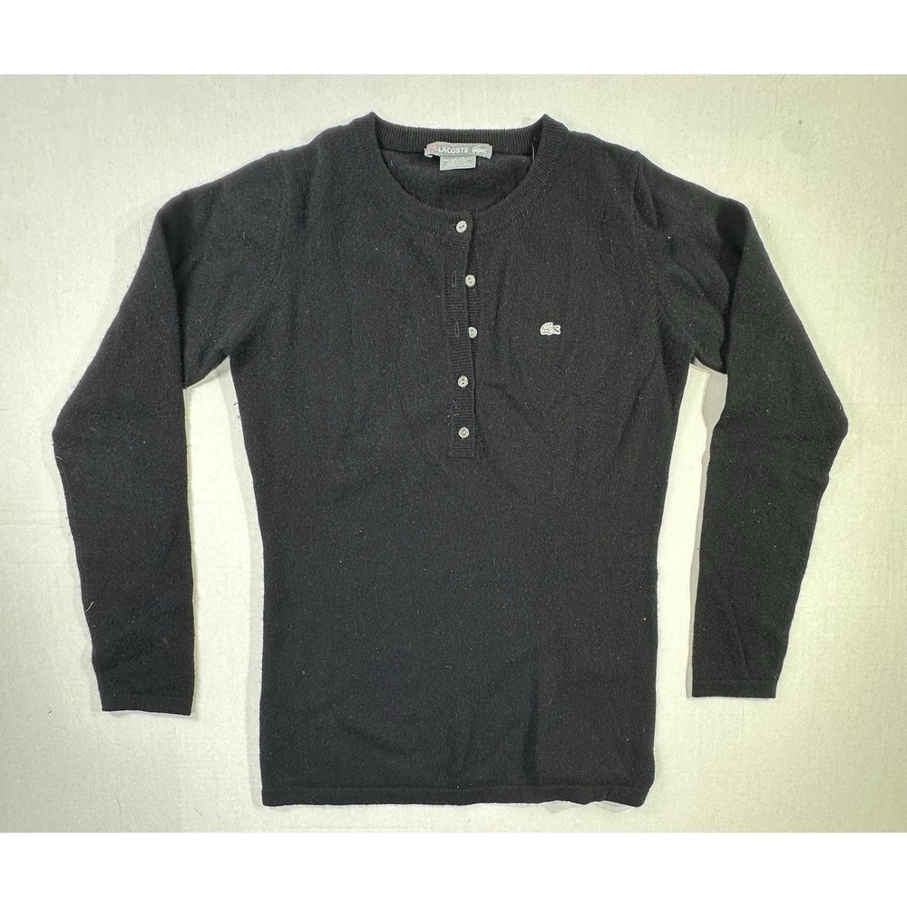 Lacoste Women's Black Long Sleeve Henley Sweater FR 42 US M Logo Knit Top